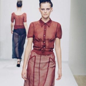 Prada 1997 runway red sheer silk button up
blouse top
